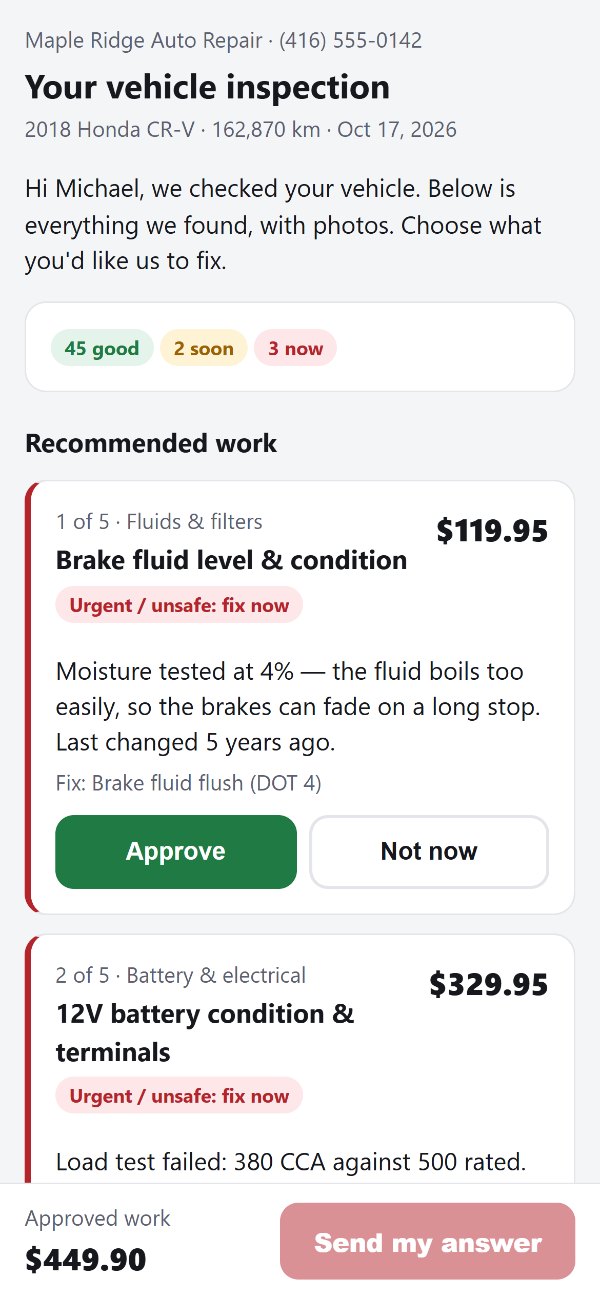 The inspection report a customer opens on their phone, with an Approve or Not now choice for each repair