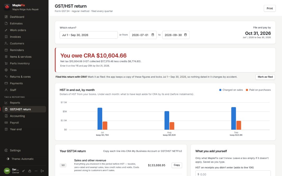 The GST/HST return in MapleFix, with each line worked out from the shop's own books